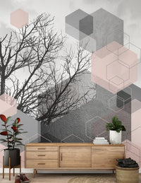 Blush Horizon Geometric mural featuring abstract cubes and winter tree line detail