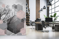 Office area Blush Horizon wall mural with Forest Wall Mural detail and soft pink forms