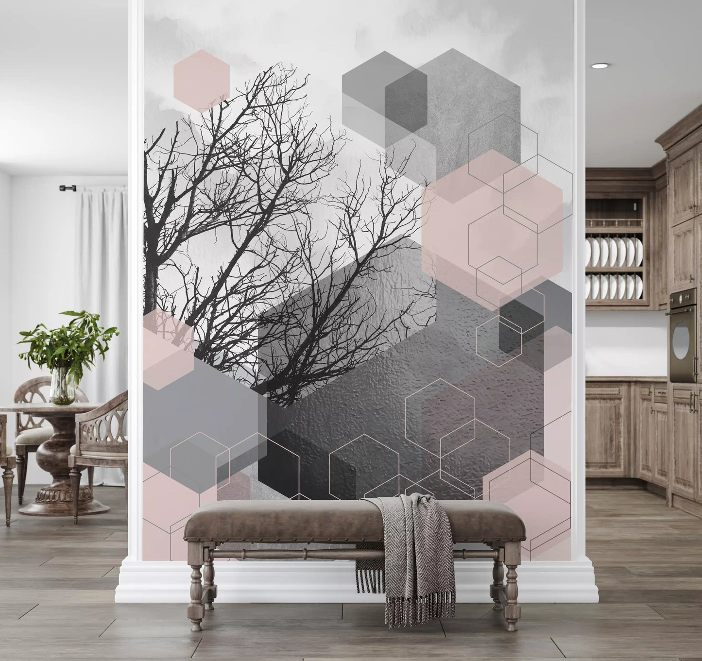 Blush Horizon wall mural with bare branches and layered geometric cube artwork