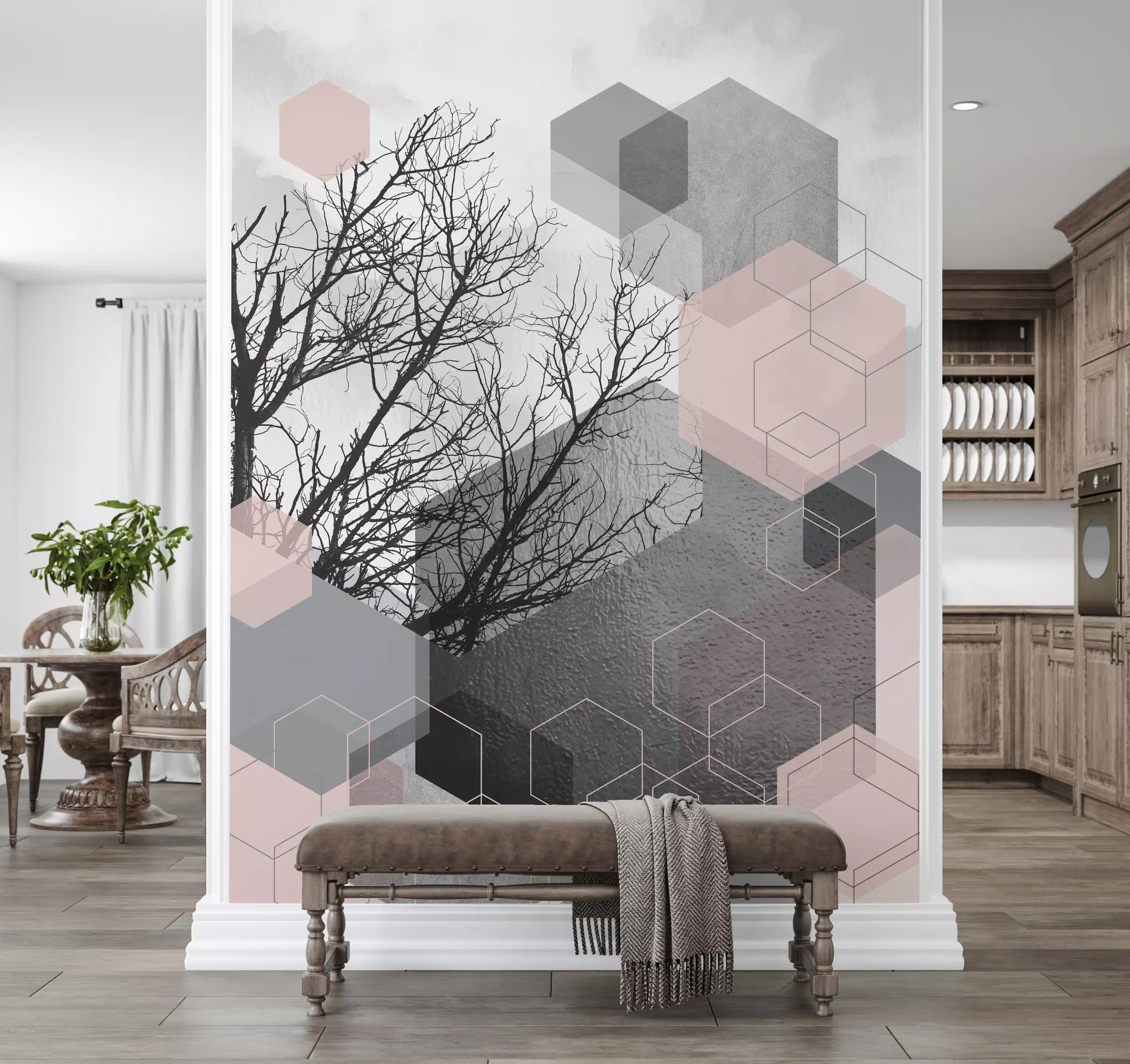 Blush Horizon wall mural with bare branches and layered geometric cube artwork