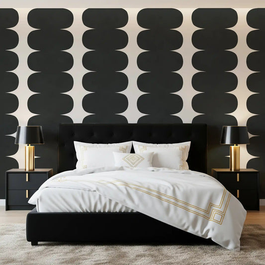 Bedroom feature setting framed by the wavy columns wall mural in charcoal grey