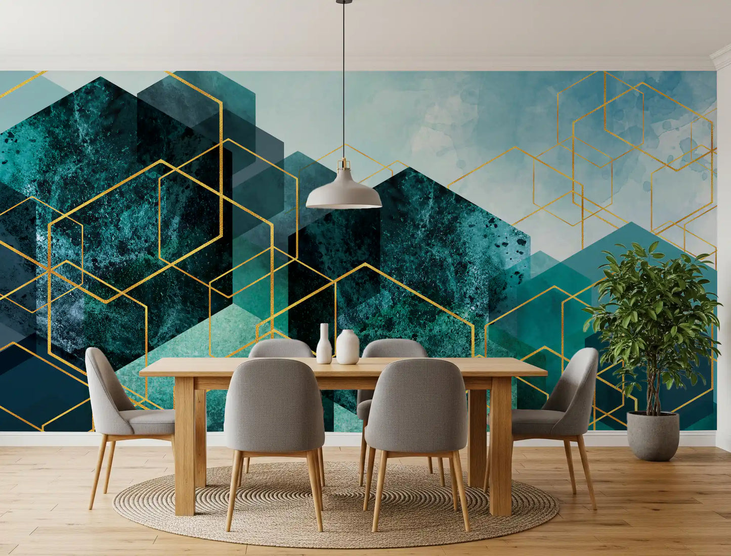 Geometric Teal Gold Glow Wall Mural
