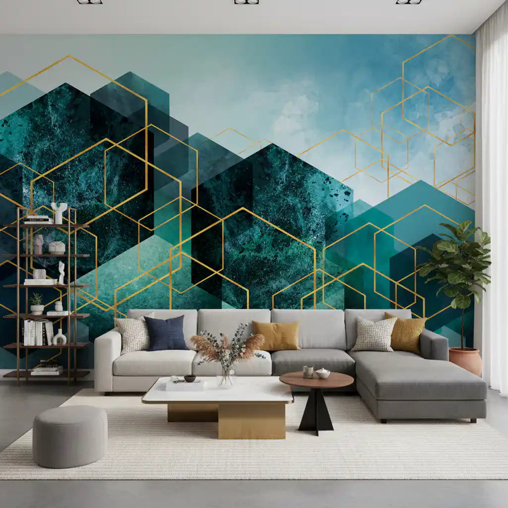 Geometric Teal Gold Glow Wall Mural