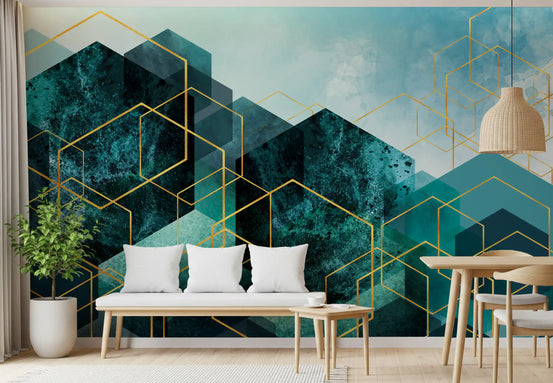 Dining room with low-back sofas facing the Geometric Teal Gold Glow wall mural