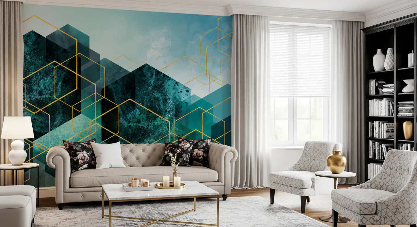Geometric Teal Gold Glow Wall Mural