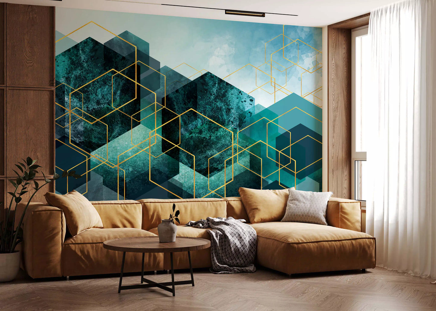 Geometric Teal Gold Glow Wall Mural