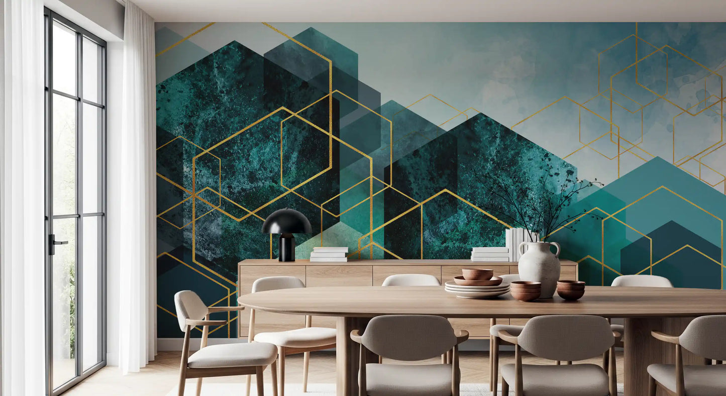 Geometric Teal Gold Glow Wall Mural