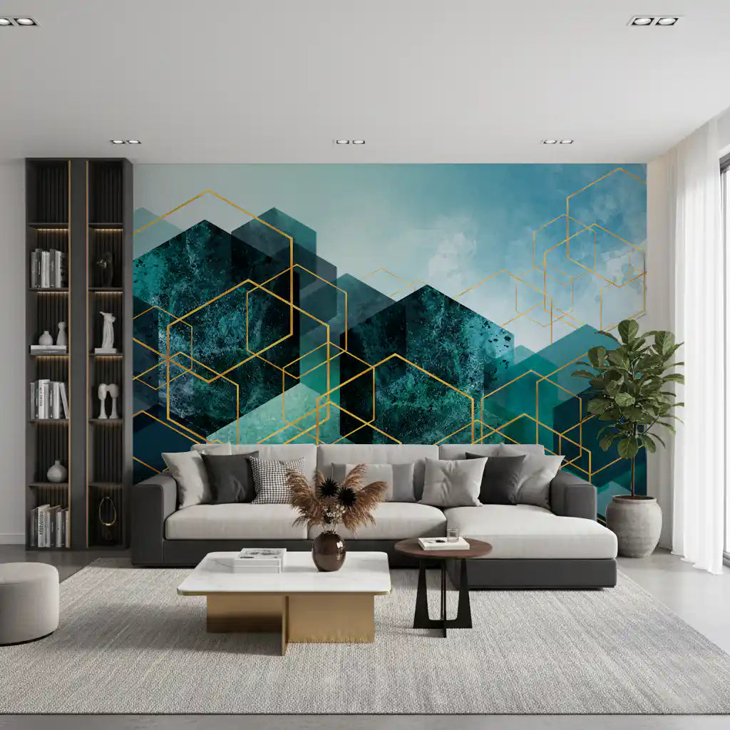 Geometric Teal Gold Glow Wall Mural