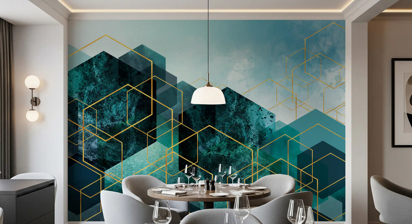 Geometric Teal Gold Glow Wall Mural