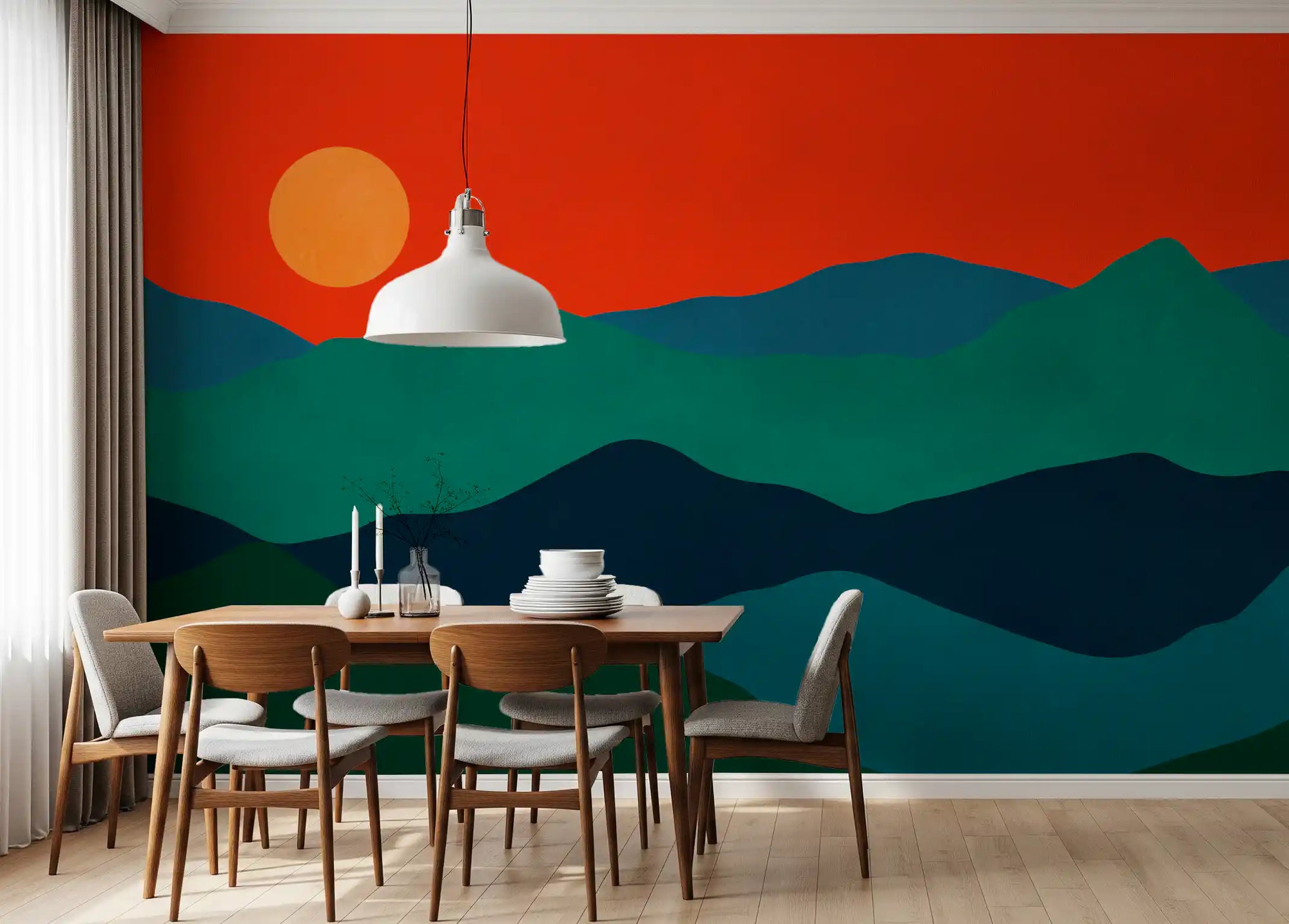 Dining room with layered ridge Mid-Century Mountain Glow wall mural behind table