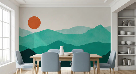 Dining room with chairs and shelving featuring Teal Horizon Peaks wall mural