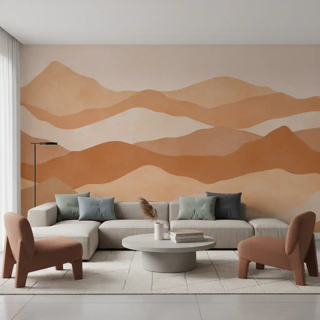Living room feature surface dressed in the warm Terracotta Hills wall mural