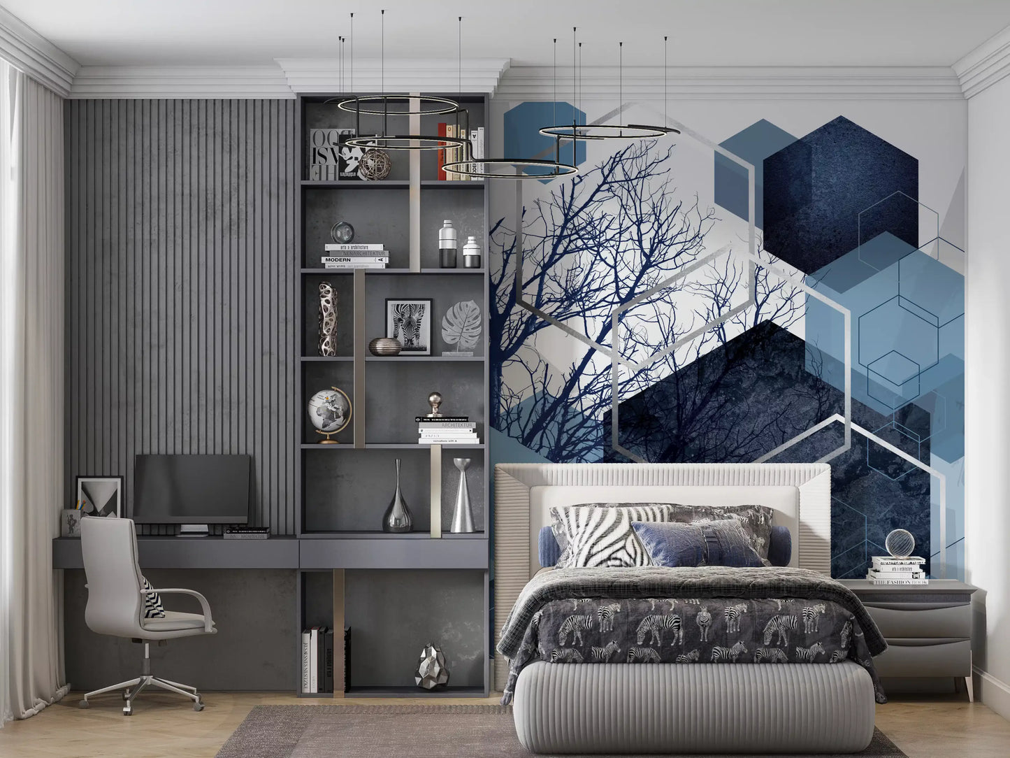 Indigo Hexagon Horizon Wall Mural