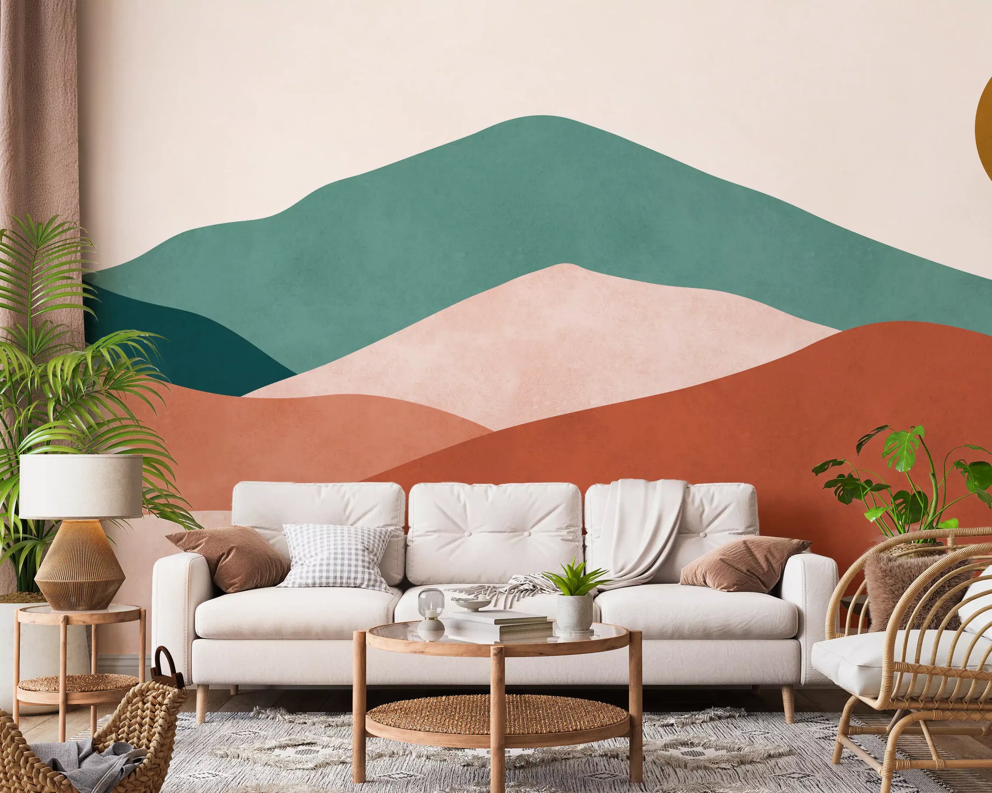 Living room styled around the Desert Horizon Layers wall mural 