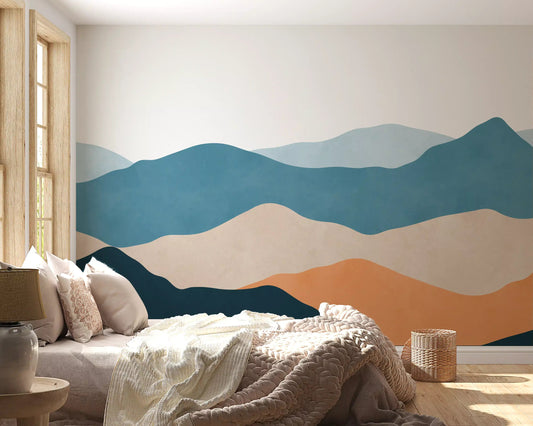 Bedroom grounded by the calm ridge palette of this Desert Horizon Layers wall mural