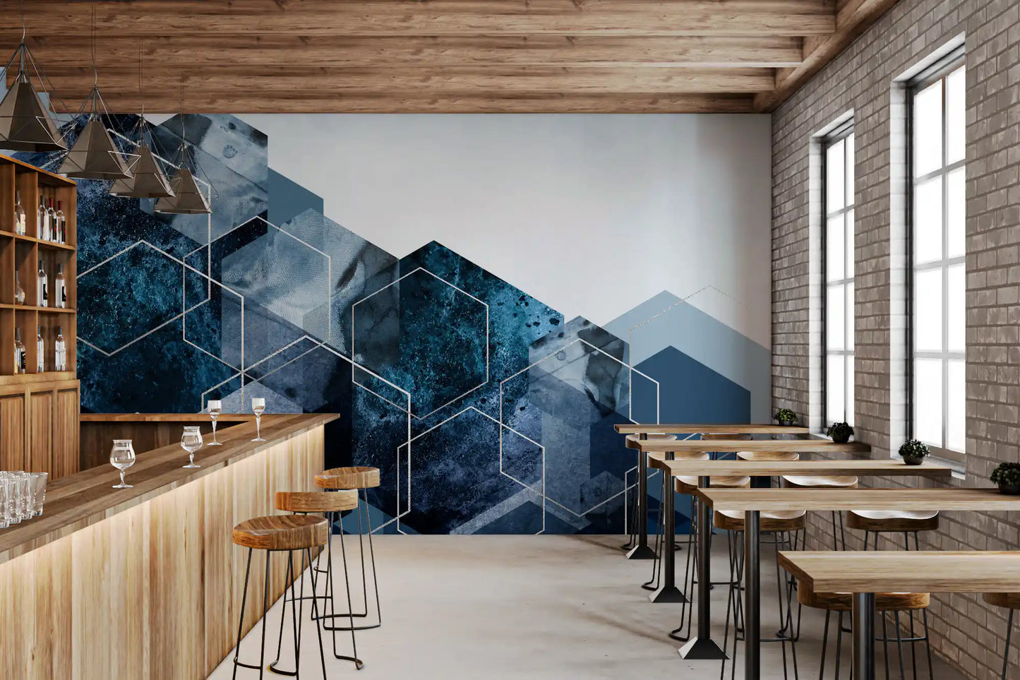 Hexagon Strata: Modern Blue & Silver Wall Mural