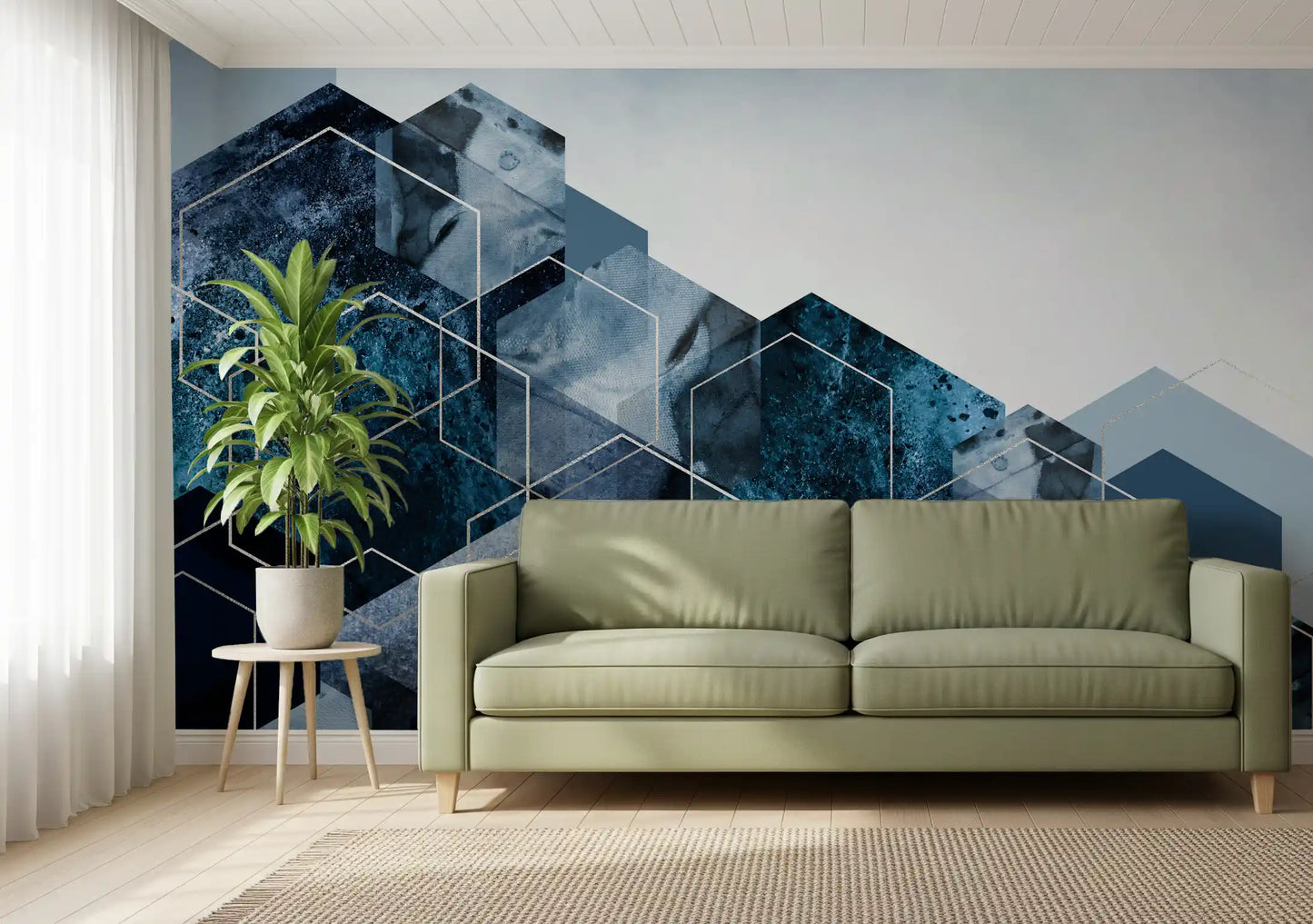Hexagon Strata: Modern Blue & Silver Wall Mural