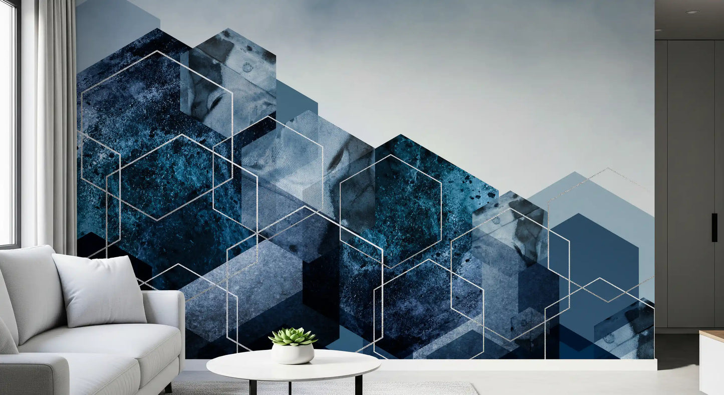 Hexagon Strata: Modern Blue & Silver Wall Mural