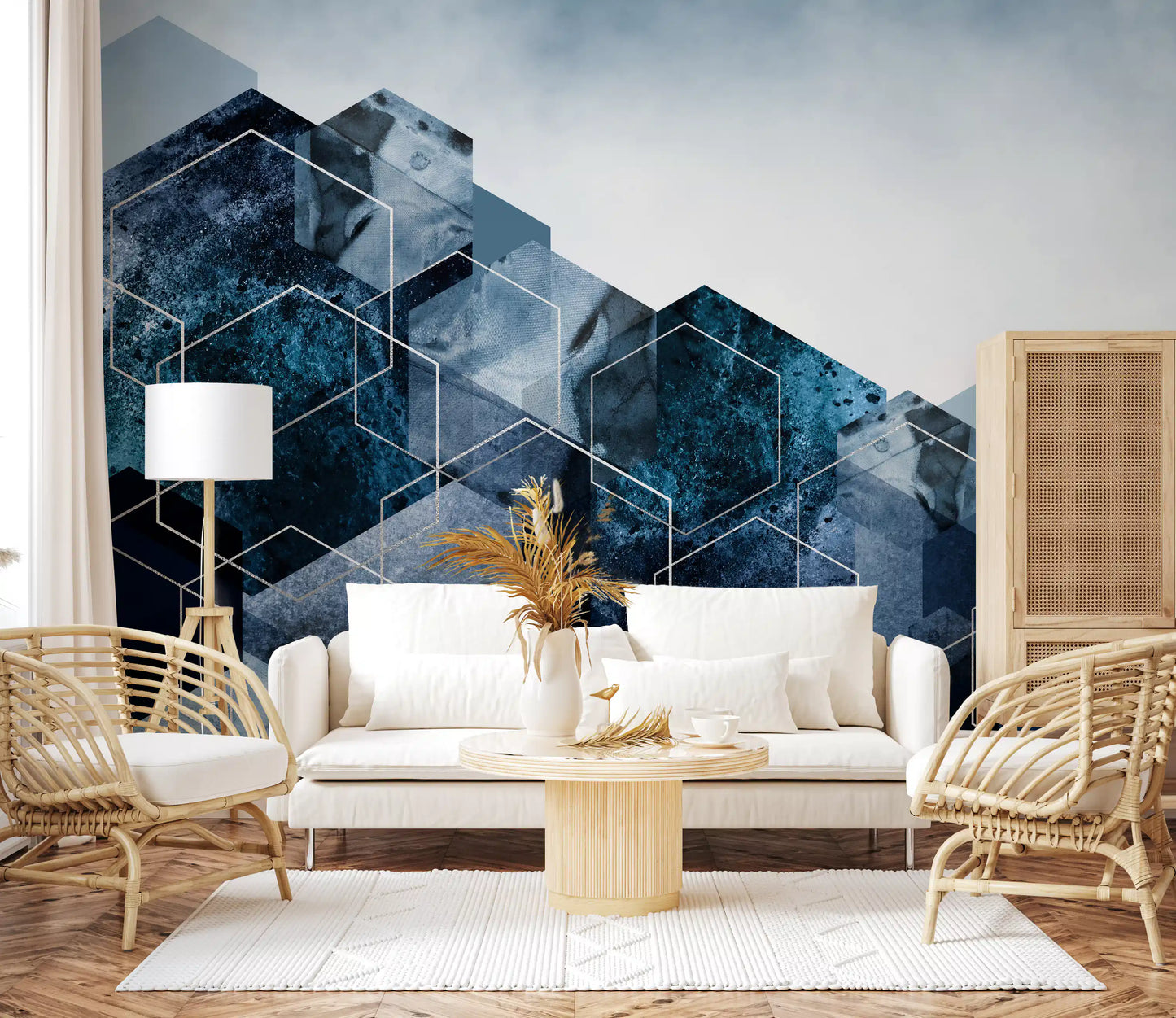 Hexagon Strata: Modern Blue & Silver Wall Mural