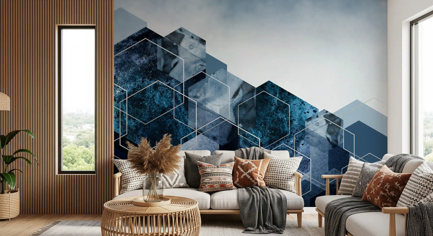 Hexagon Strata: Modern Blue & Silver Wall Mural