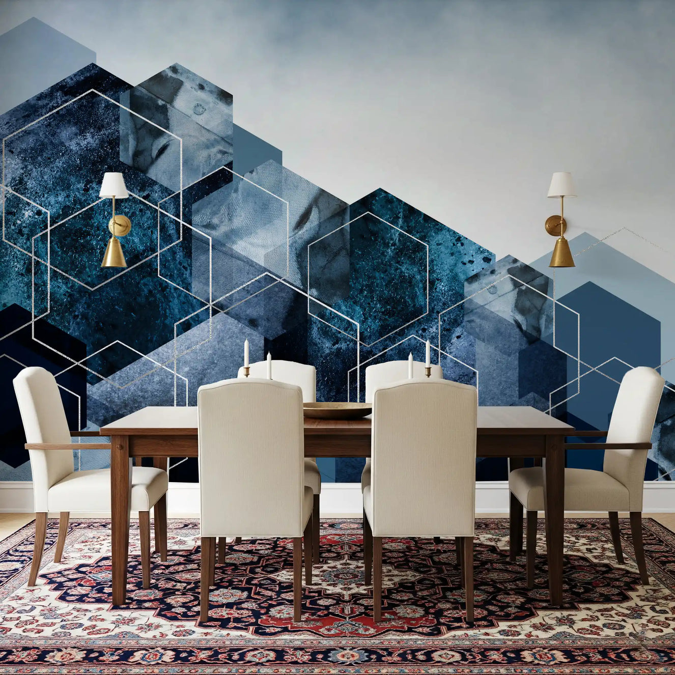 Dining room with the Hexagon Strata wall mural 