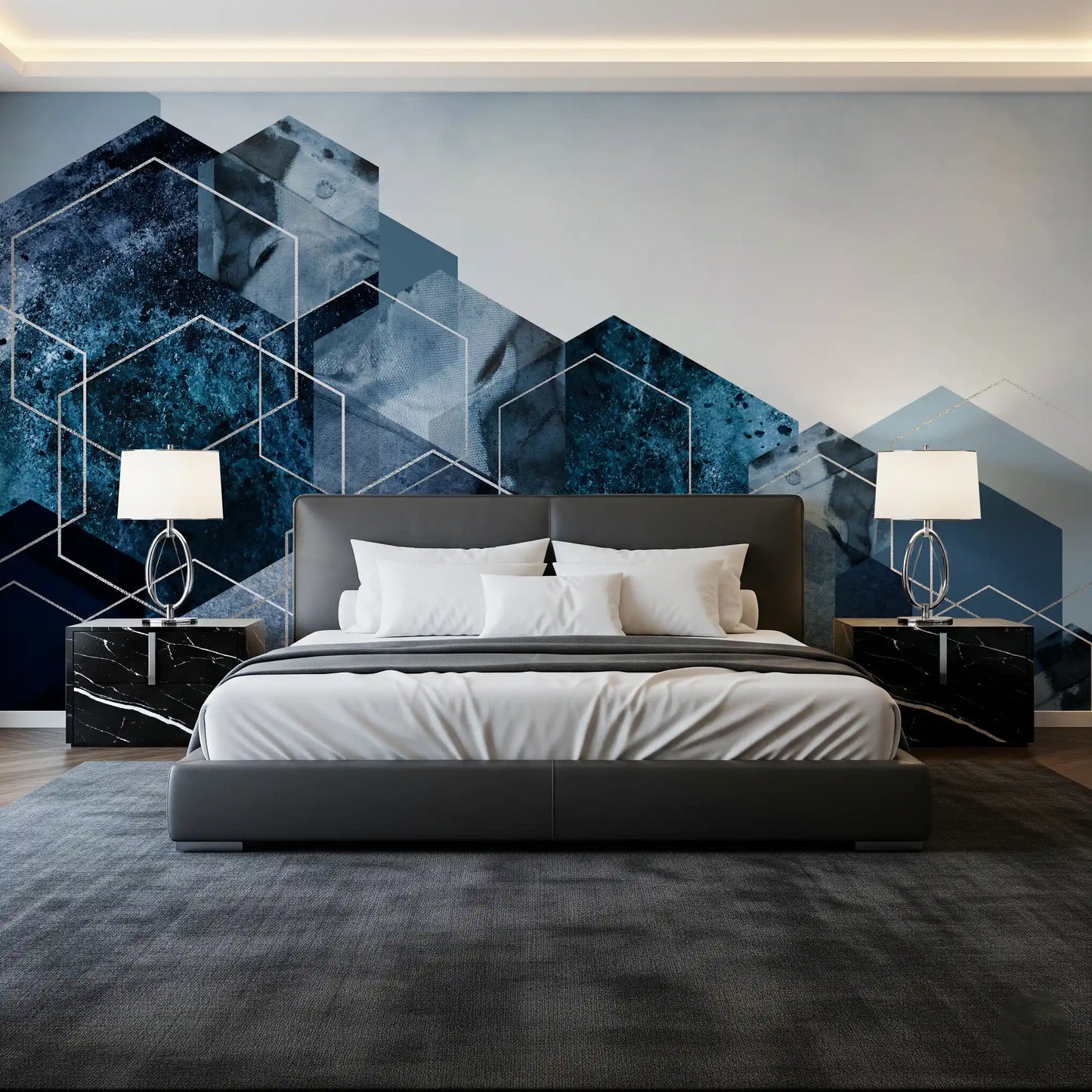 Hexagon Strata: Modern Blue & Silver Wall Mural