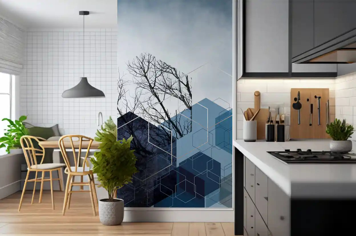 Blue Hexagon Winter Branch Wall Mural