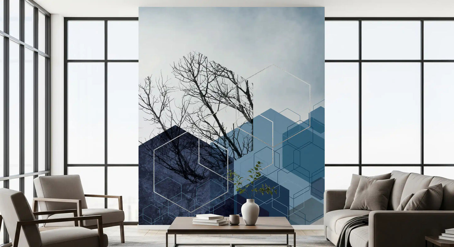 Blue Hexagon Winter Branch Wall Mural