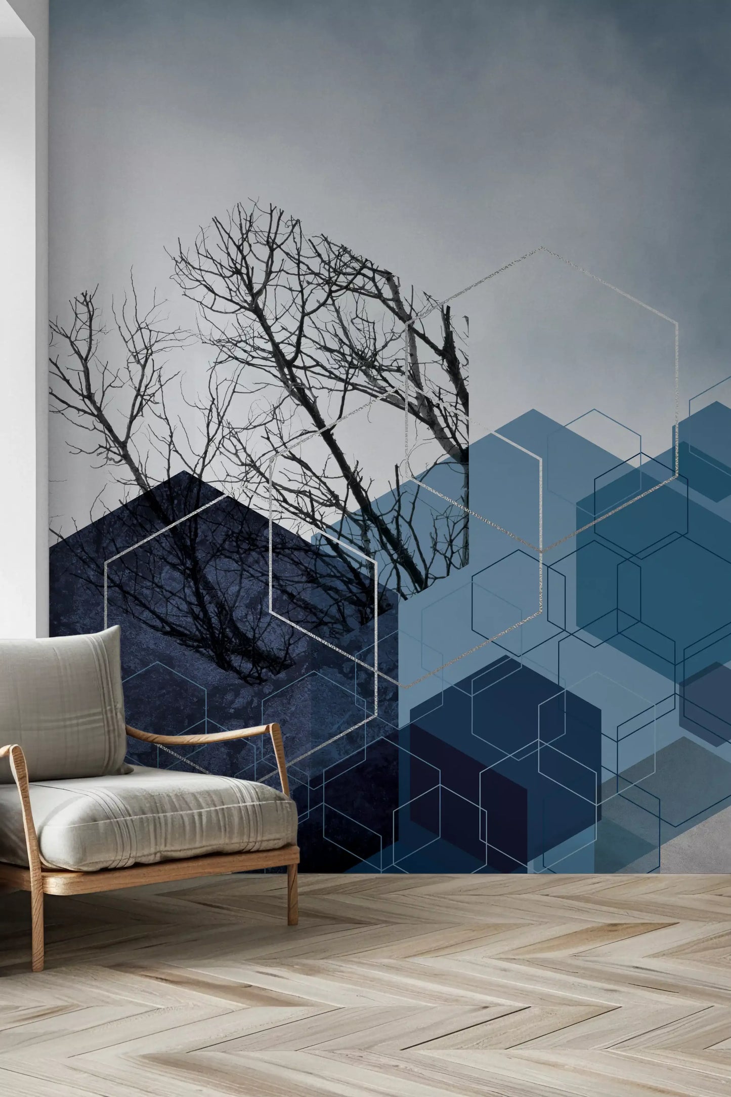 Blue Hexagon Winter Branch Wall Mural