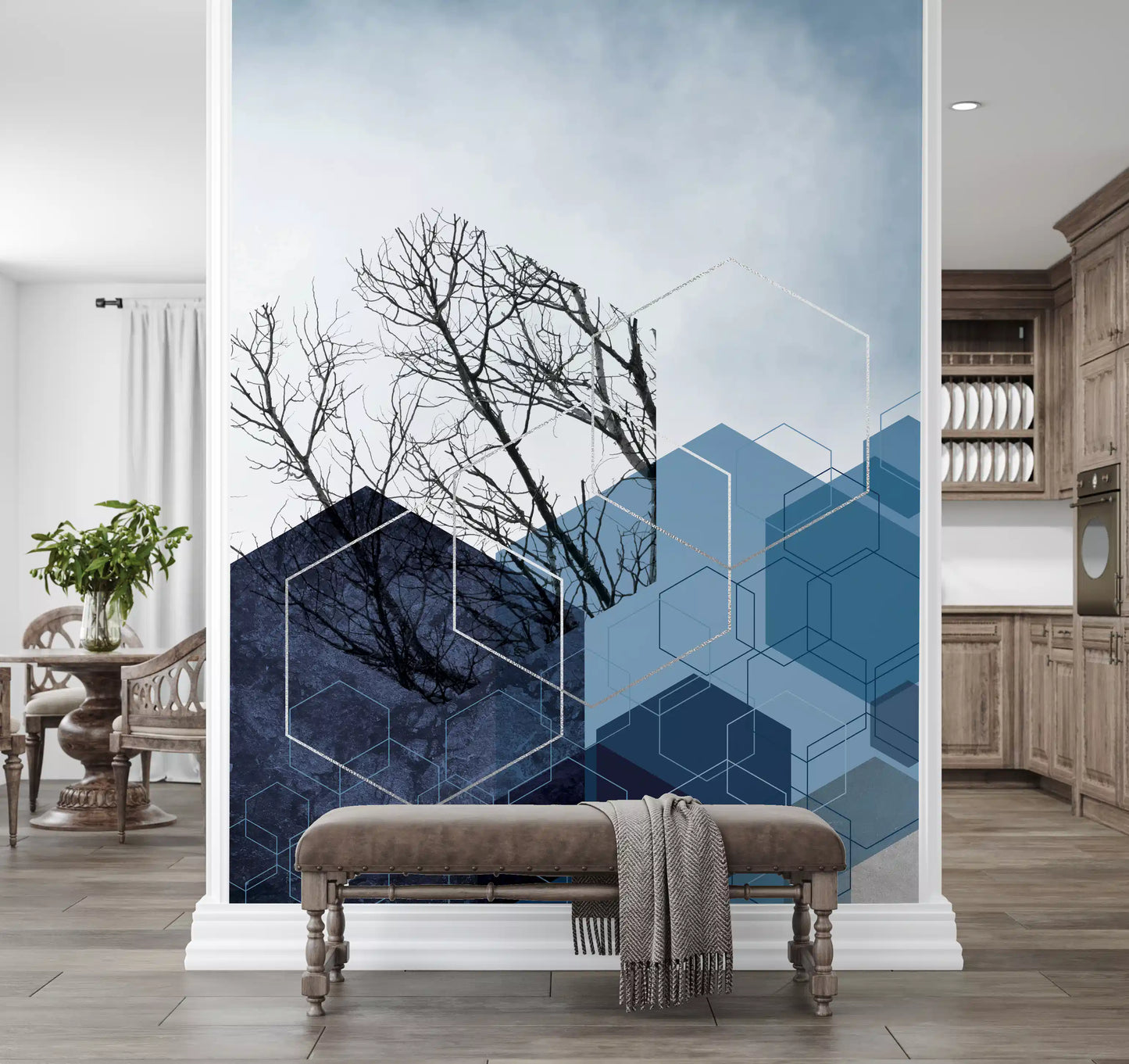 Blue Hexagon Winter Branch Wall Mural