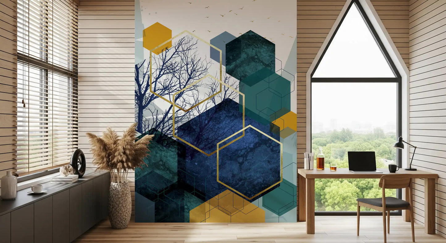 Golden Branch Geometry Wall Mural