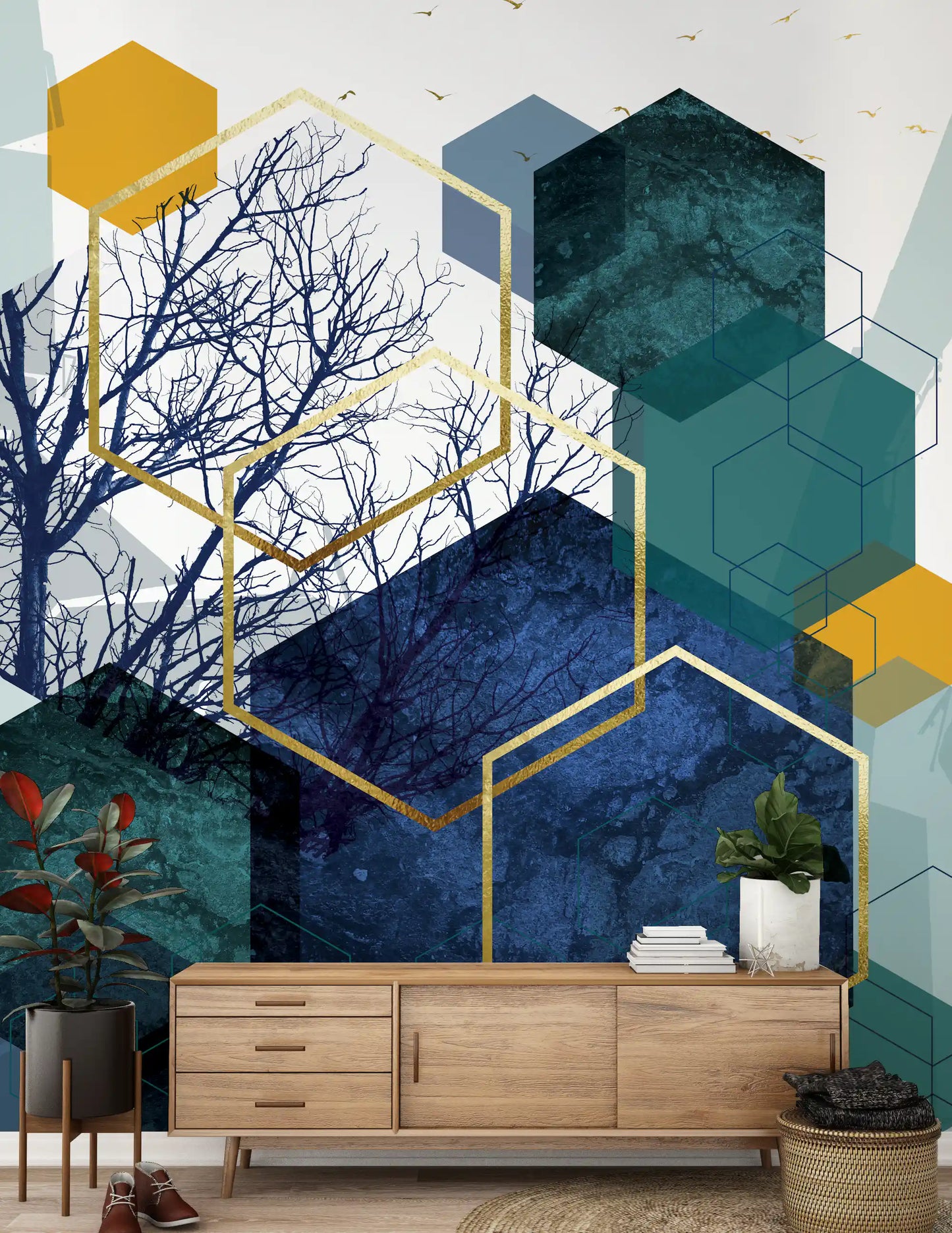 Golden Branch Geometry Wall Mural