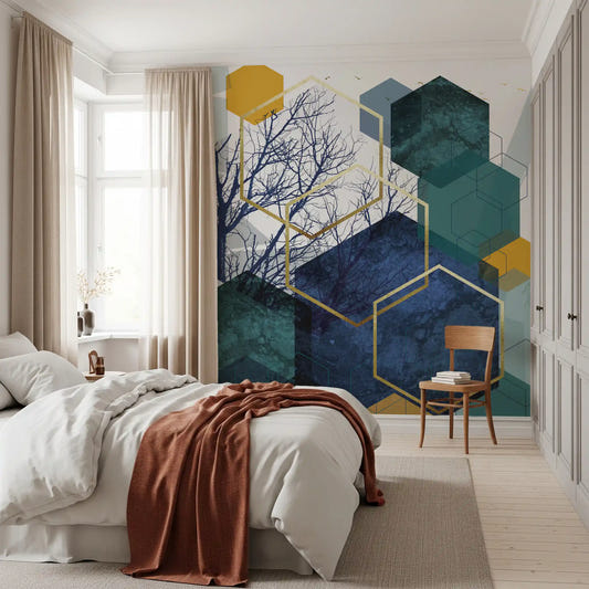 Golden hexagons and dark branches catch the eye in a Bedroom wall mural