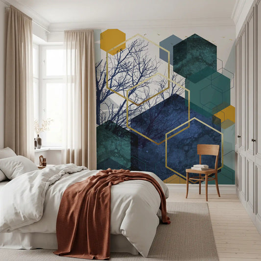 Golden hexagons and dark branches catch the eye in a Bedroom wall mural