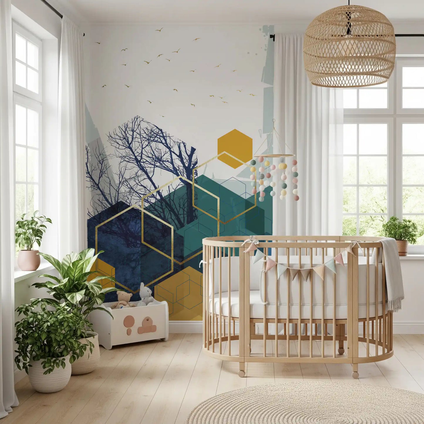 Azure Branches & Gold Hexes Wall Mural
