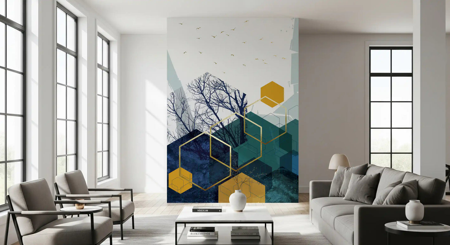 Azure Branches & Gold Hexes Wall Mural