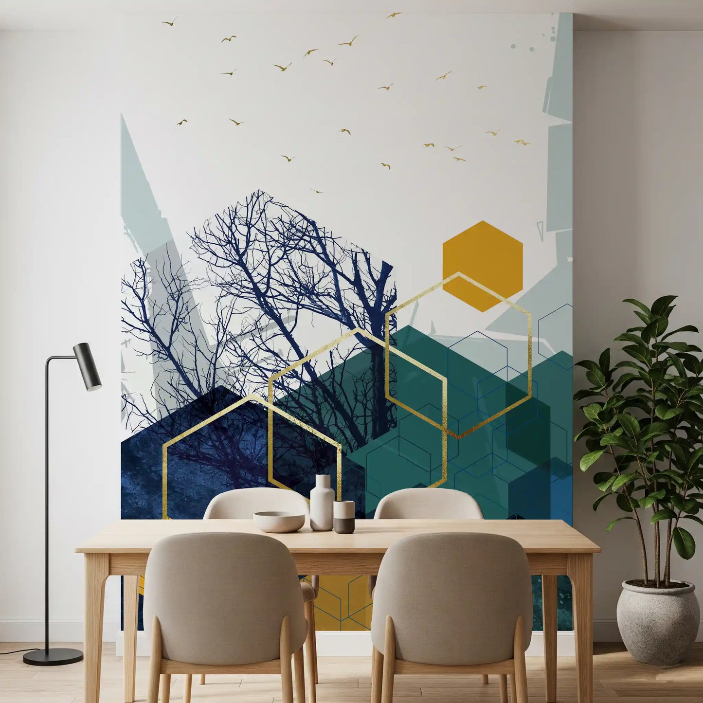 Azure Branches & Gold Hexes Wall Mural
