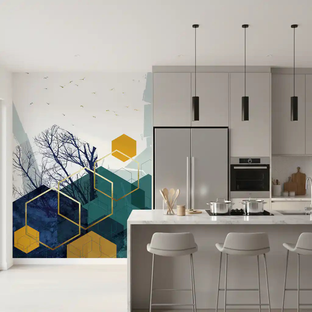 Azure Branches & Gold Hexes Wall Mural