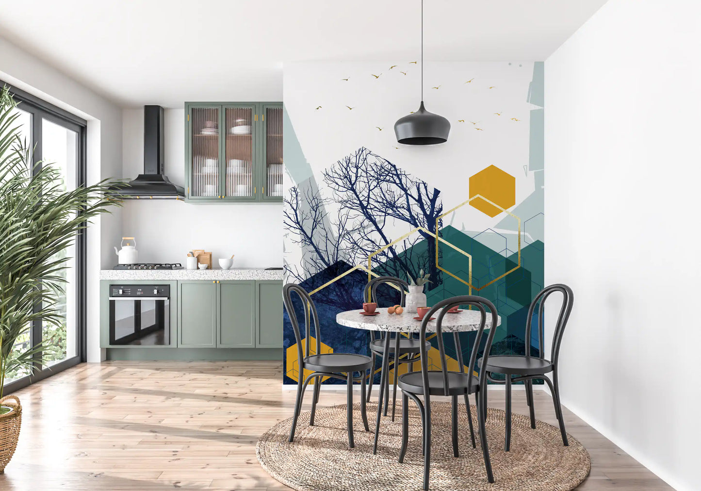 Azure Branches & Gold Hexes Wall Mural