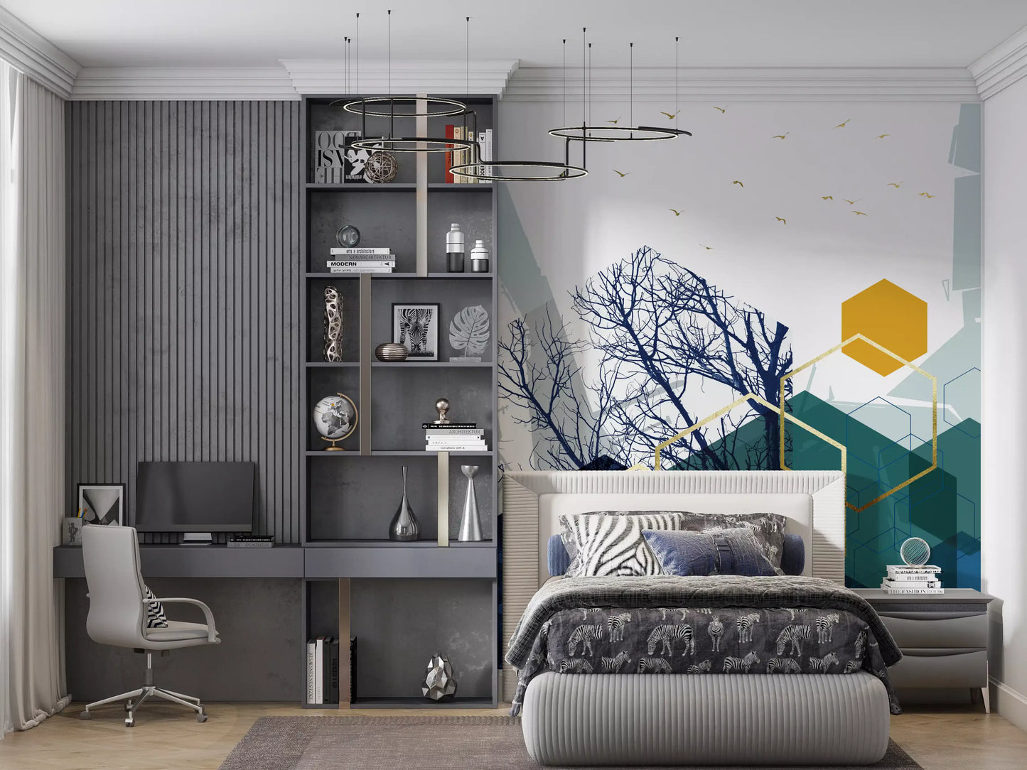 Azure Branches & Gold Hexes Wall Mural