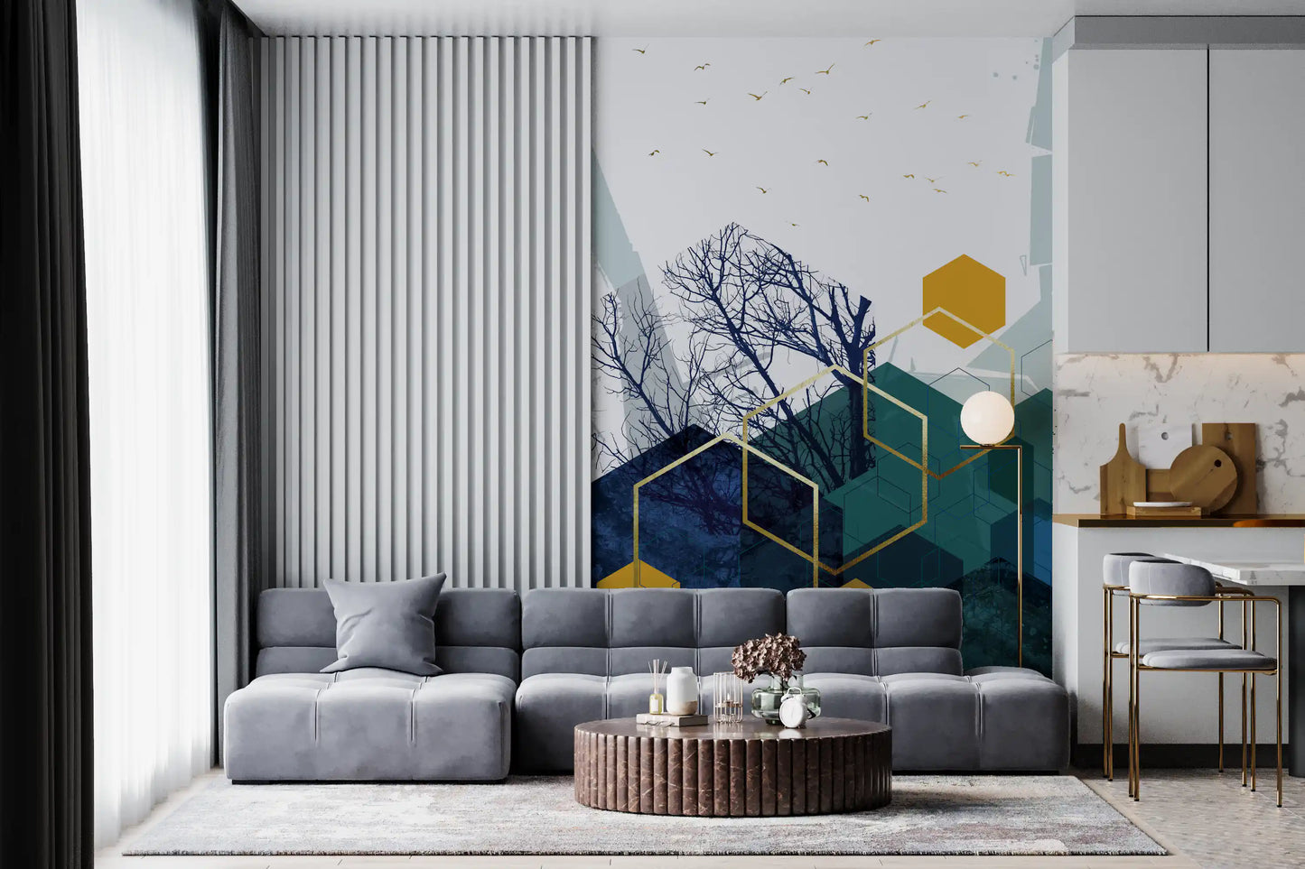 Azure Branches & Gold Hexes Wall Mural
