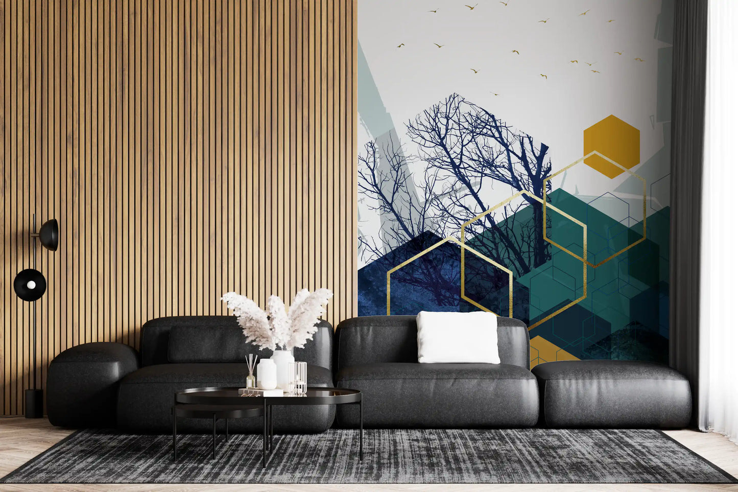 Azure Branches & Gold Hexes Wall Mural
