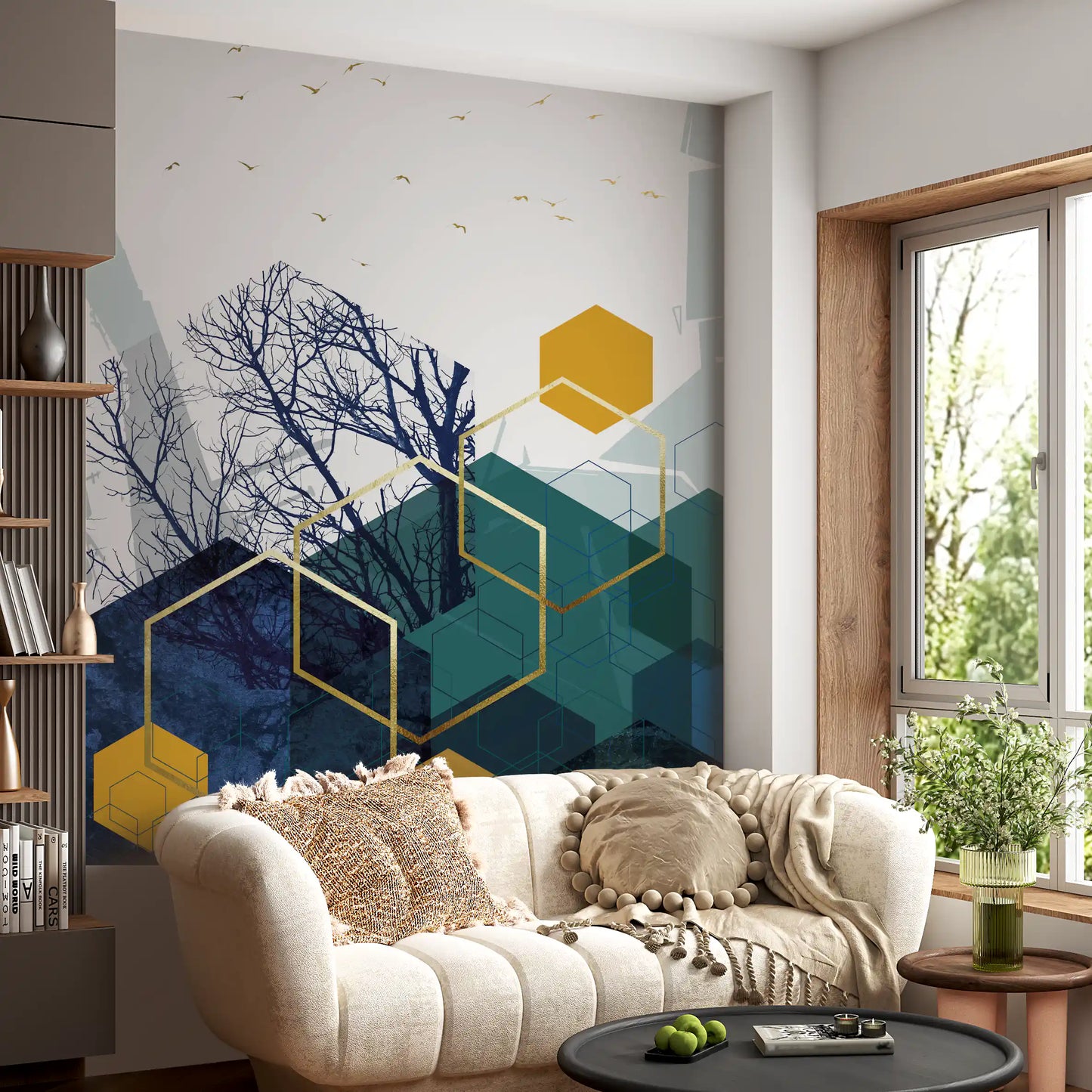 Azure Branches & Gold Hexes Wall Mural