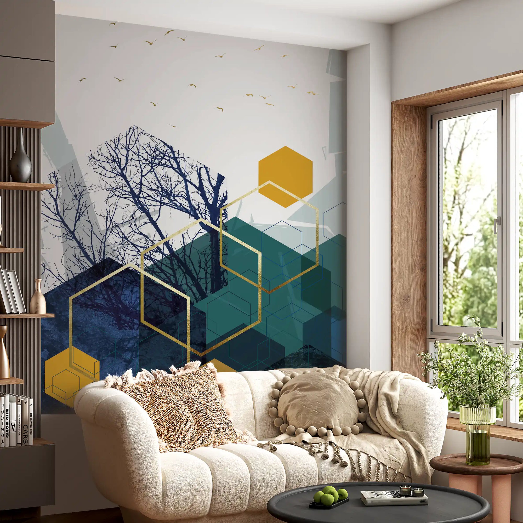 Golden hexagons and dark branches catch the eye in a Living room wall mural