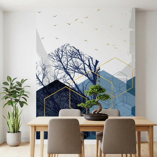 Dining room dressed in the navy hexagon and bare tree wall mural