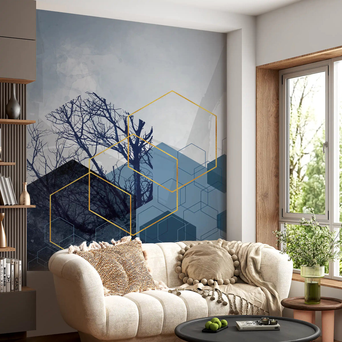 Misty trees and gold hexagons fill a calm living room with the Forest Glimmer wall mural.