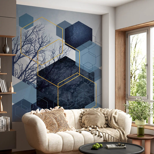 Living room couch styled below the Geometric Forest Glimmer wall mural in navy