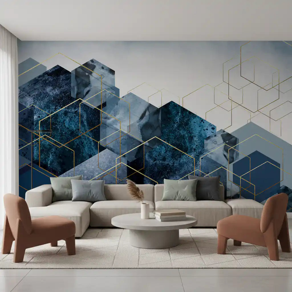 Golden Hexagon Cascade Wall Mural
