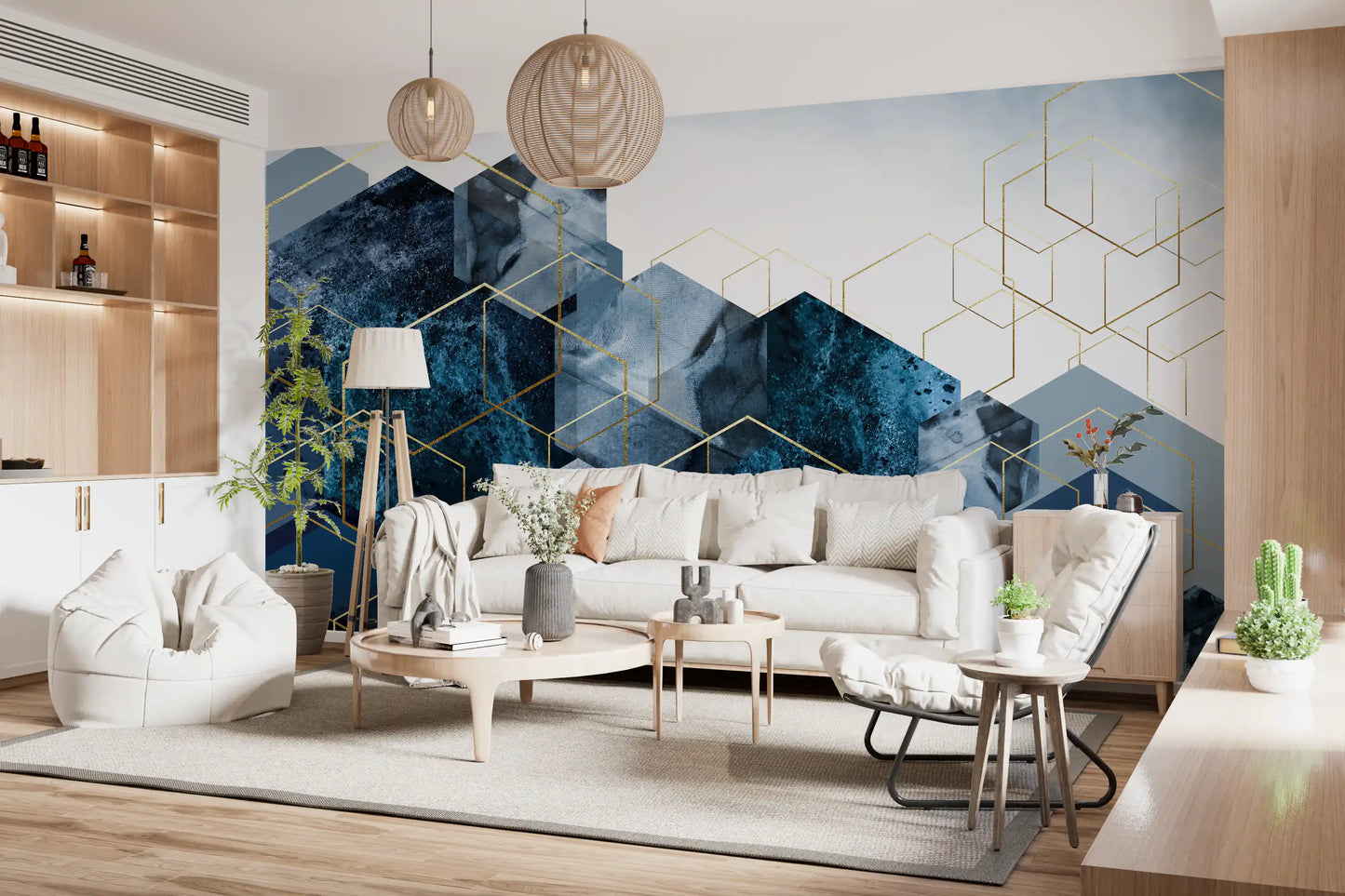 Golden Hexagon Cascade Wall Mural
