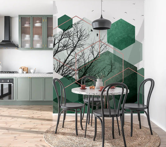Kitchen-dining area with Emerald Hexagon Vista wall mural 